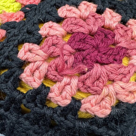 Vintage Granny Square Crochet Throw Pillow Rainbow Black Handmade Decorative - Picture 5 of 10